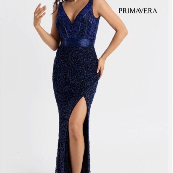 PRIMAVERA COUTURE Backless gown black with royal blue beads sz 4 evening gown - Picture 11 of 16